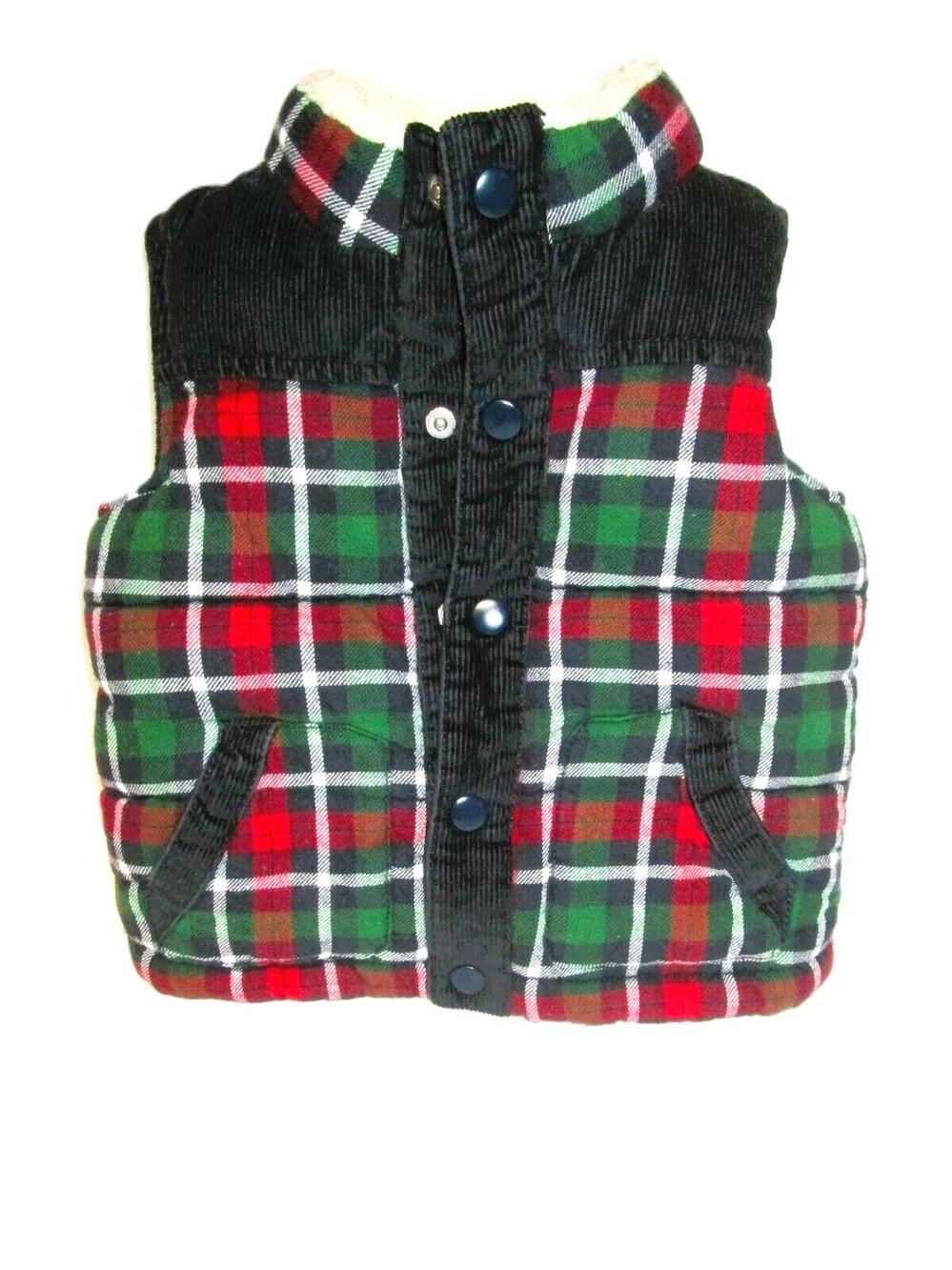Gymboree Boy’s Red Green Plaid Puffer Vest Fleeced Lined Quilted Size 6-12 Mos